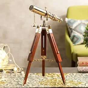 Handmade Nautical Floor Standing Vintage Style Brass Marine Telescope with Wooden Tripod Stand Showpiece (Golden)
