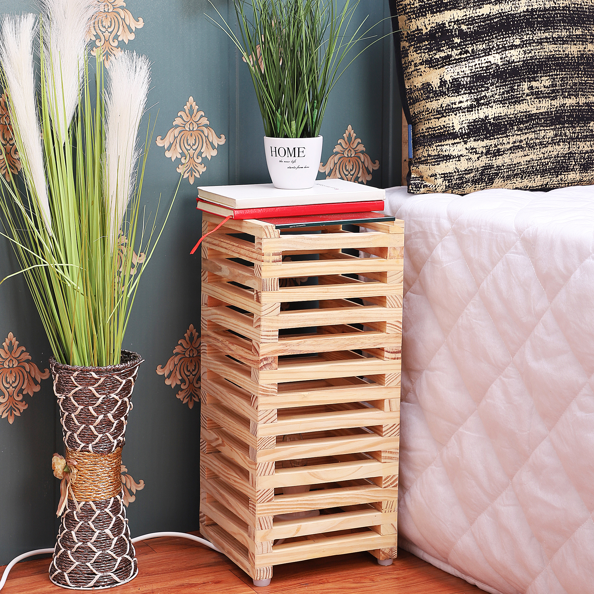 Decorative Pine Wood Square Table for Bedside & Desk Lighting | Elegant Ambient for Home & Office Décor - Image 3