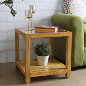 Decorative Pine Wood Corner Table with Glass for Bedside & Desk Lighting | Elegant Ambient for Home & Office Décor