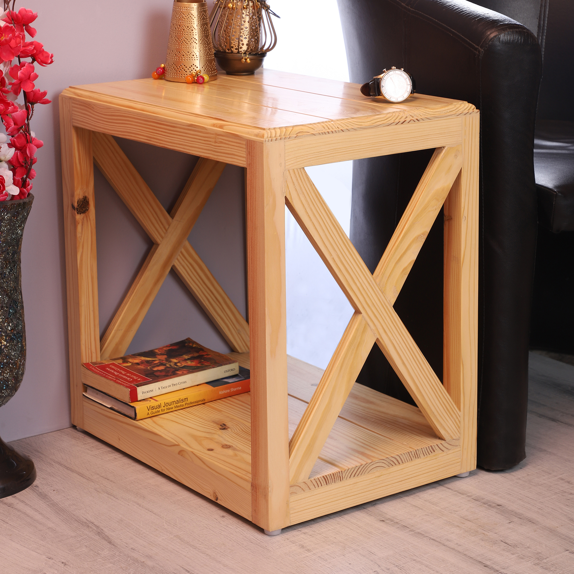 Decorative Pine Wood Corner Table for Bedside & Desk Lighting | Elegant Ambient for Home & Office Décor