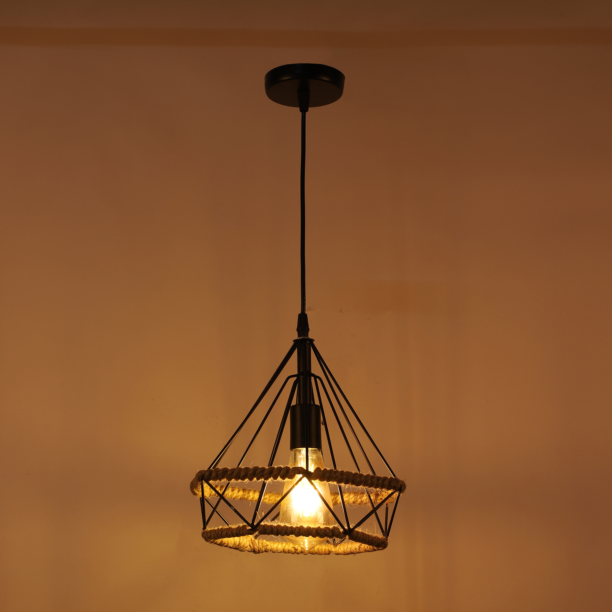 Decorative Metal Diamond with Rope Hanging Pendant Lamp for Home & Café Lighting | Stylish Ceiling Light for Modern Interiors - Image 2