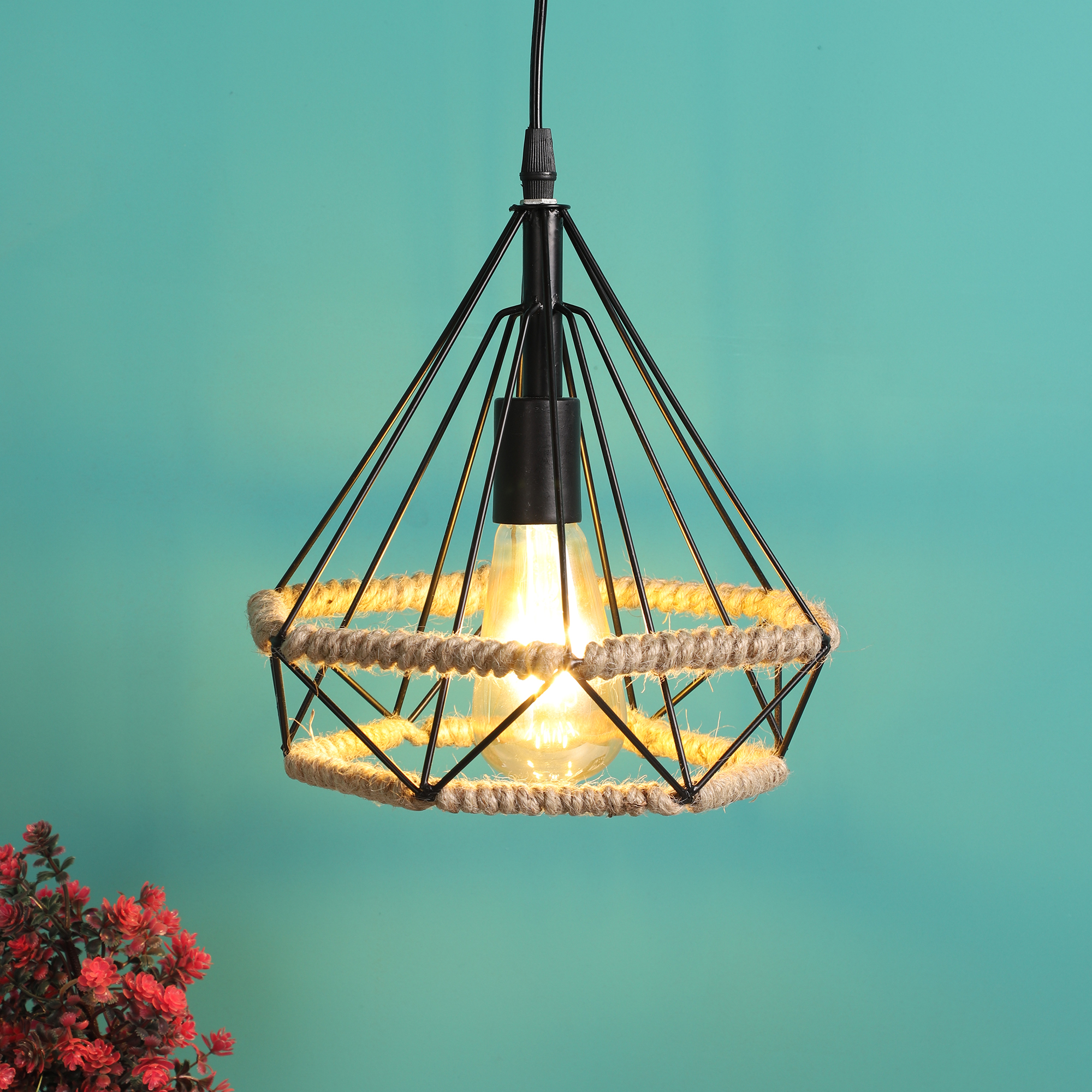 Decorative Metal Diamond with Rope Hanging Pendant Lamp for Home & Café Lighting | Stylish Ceiling Light for Modern Interiors