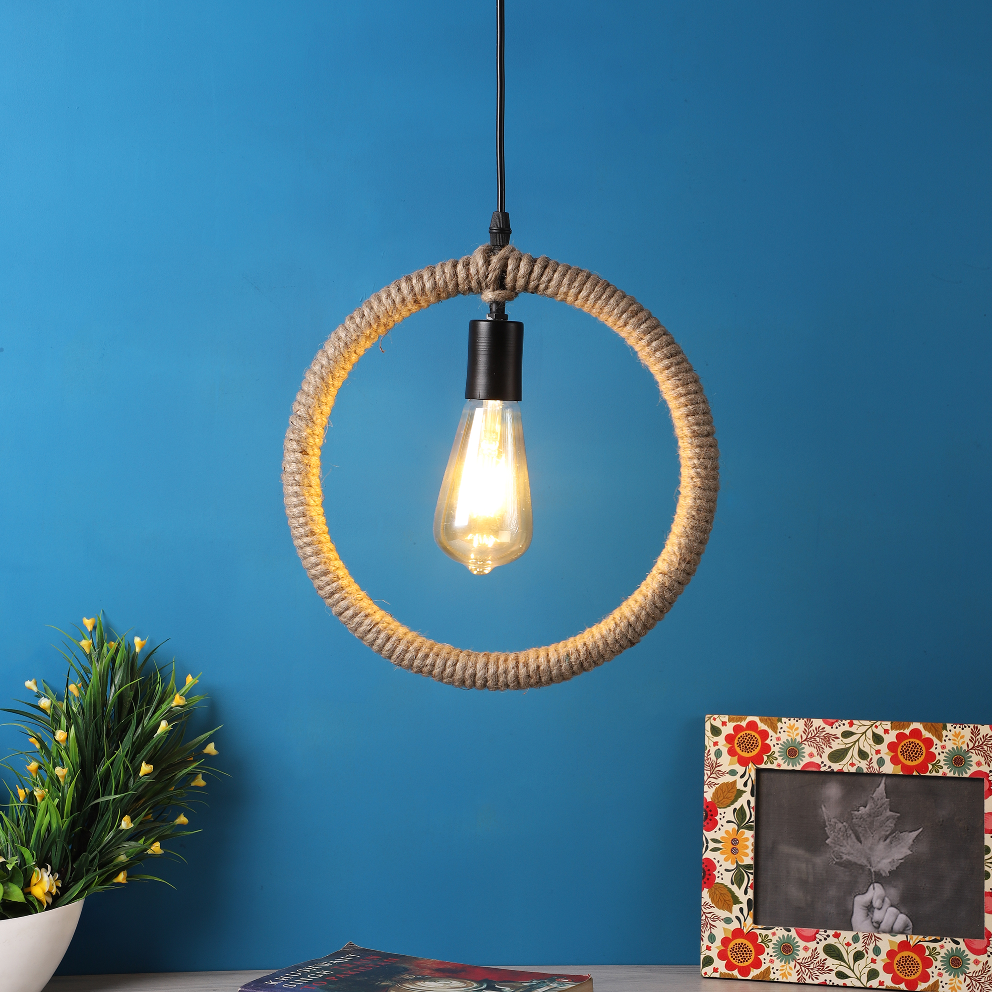 Decorative Circle Rope Hanging Pendant Lamp for Home & Café Lighting | Stylish Ceiling Light for Modern Interiors