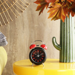 Vintage Metal Classic Black Alarm Clock with Red Twin Bell for Bedroom & Study Table | Vintage Design
