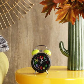 Vintage Metal Classic Black Multicolor Dial Alarm Clock with Green Twin Bell for Bedroom & Study Table | Vintage Design