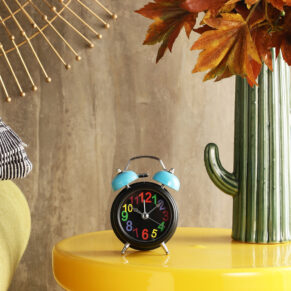 Vintage Metal Classic Black Multicolor Dial Alarm Clock with Blue Twin Bell for Bedroom & Study Table | Vintage Design