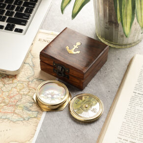 Brass Vintage Nautical Compass with Wooden Box Decorative Item for Home & Office