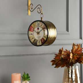 Vintage Metal Double Sided 8 inches Multicolor Dial Station Wall Clock for Home, Office & Café Décor | Classic Railway Style Decorative